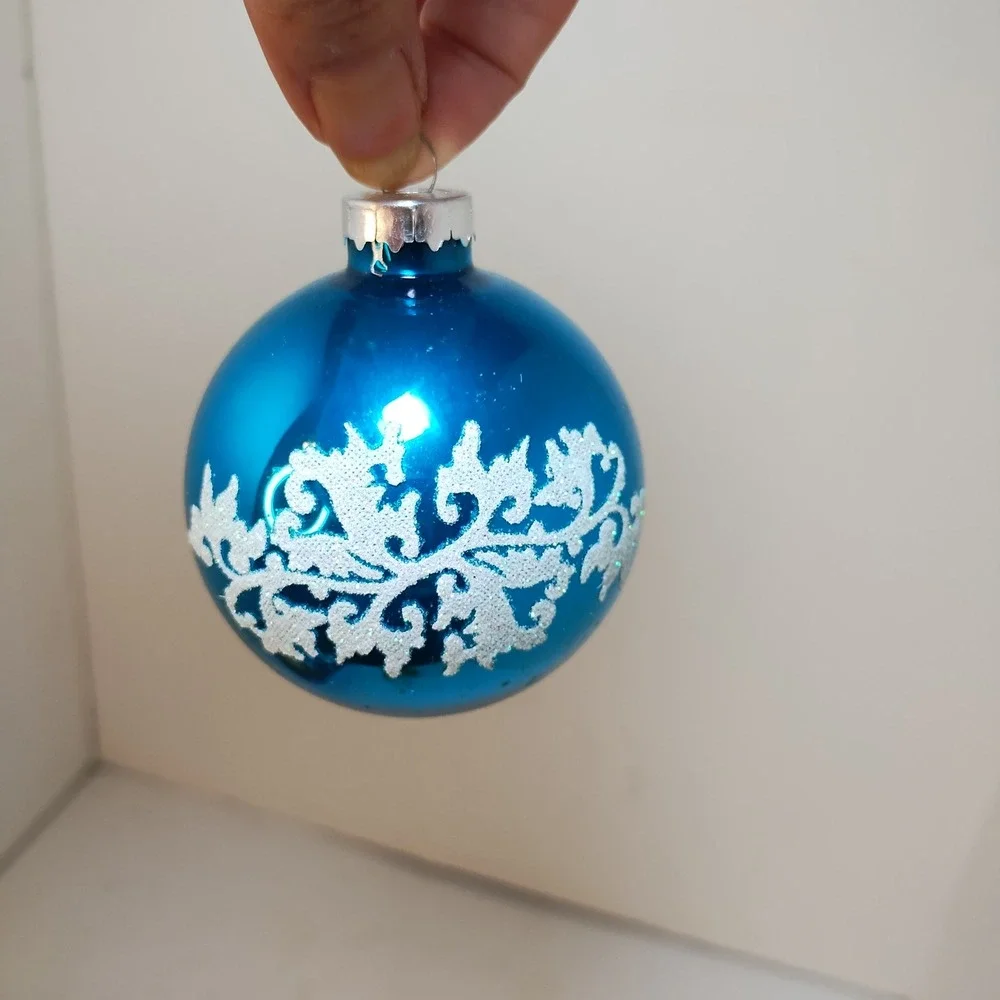 VTG December Home 4ct Glass Christmas Ornaments Red Blue Gold Snowflake Reindeen